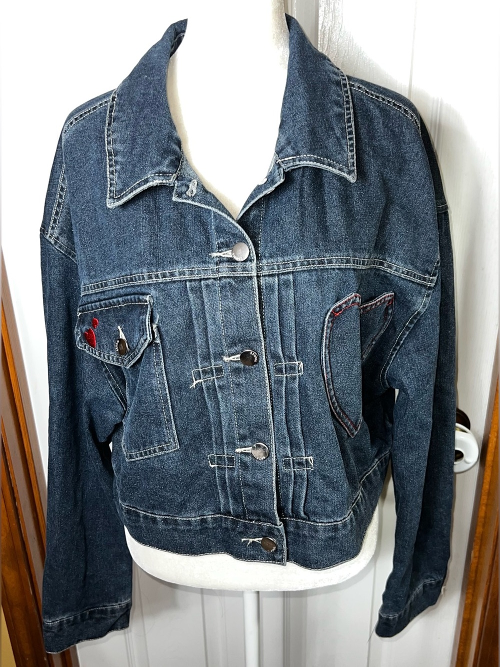 Vigoss Cropped Denim Jacket Jean Jacket Hearts Dark Wash Navy Blue/Red Women’s L